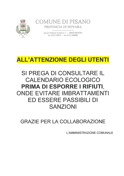 Avviso Servizio Raccolta Rifiuti differenziati